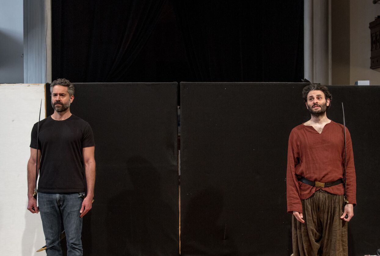 Omar Metwally and Arian Moayed rehearse a scene for Steppenwolf’s Chicago premiere production of “Guards at the Taj” by playwright Rajiv Joseph and directed by ensemble member Amy Morton. | Joel Moorman